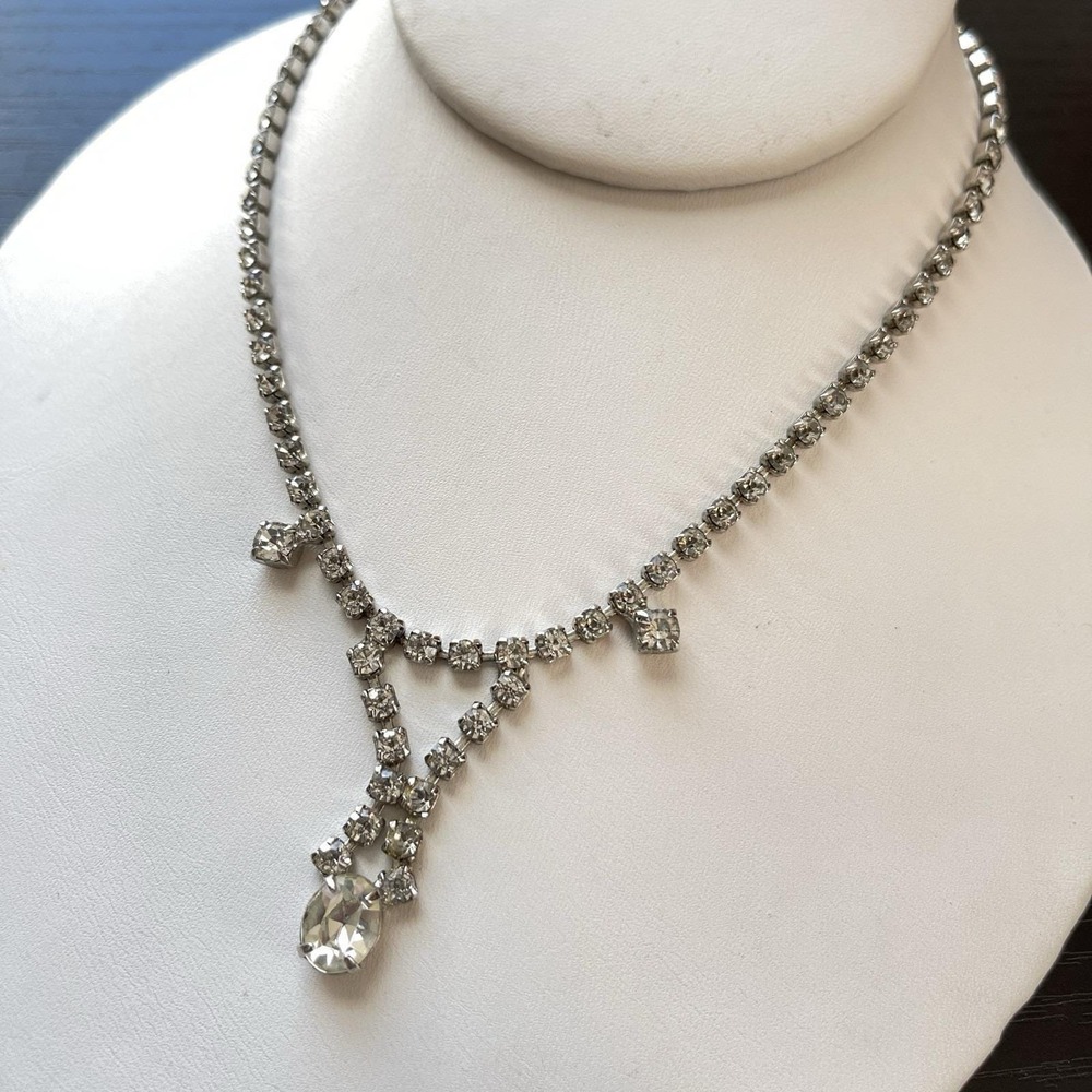 Vintage Clear Rhinestone Oval Prong Set Cup Chain Choker Collar Necklace 15"
